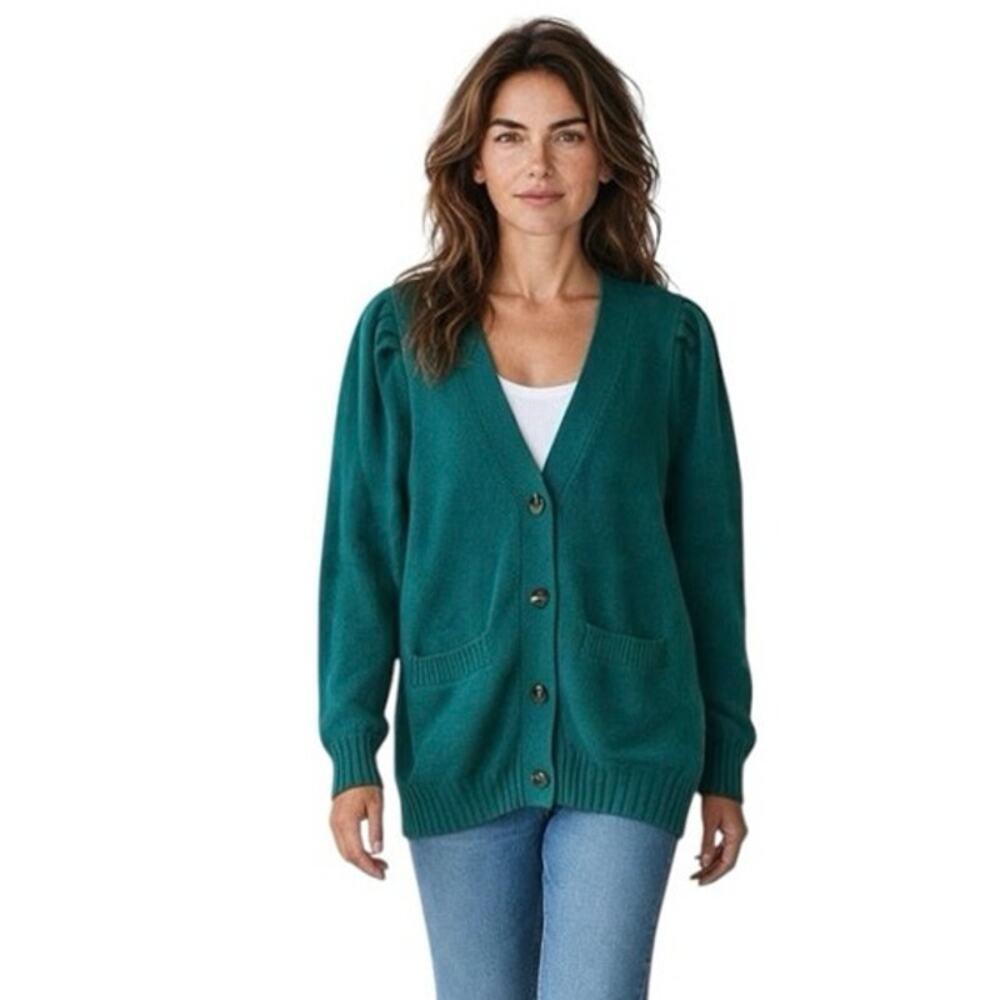 Who What Wear Puff Shoulder Cardigan Sweater Green V-Neck Knit Pockets Medium M